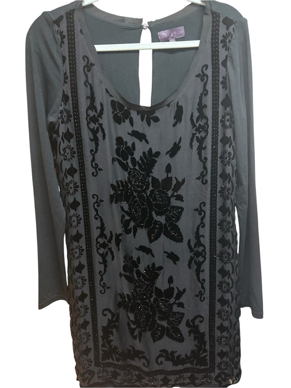 Hale Bob Whimsigoth Velvet Flocked Beaded LBD Shift Dress Black Size M SILK